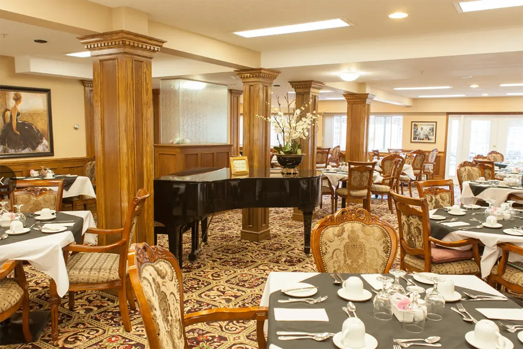 grand piano in the dining room of the Renaissance Retirement Residence in Victoria, BC